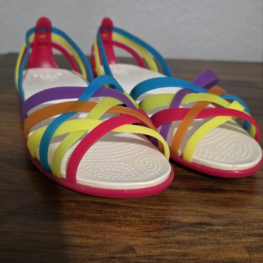 Crocs Womens 6 Isabella Huarache Sandals Rainbow Jelly Rubber Flat Comfort Beach